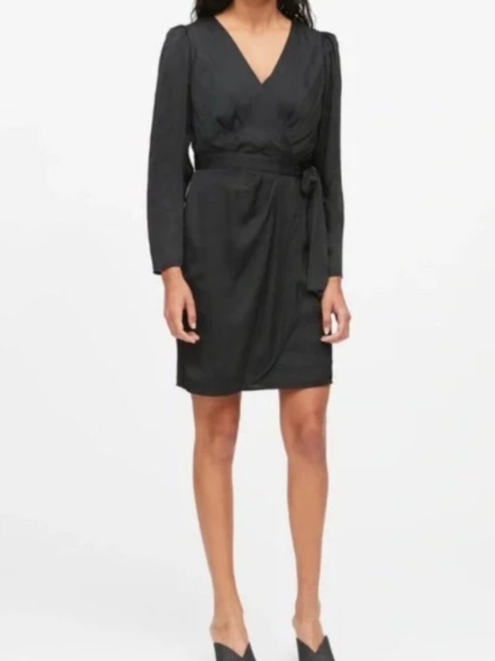 Banana Republic Black Satin Long Sleeve Wrap Dress